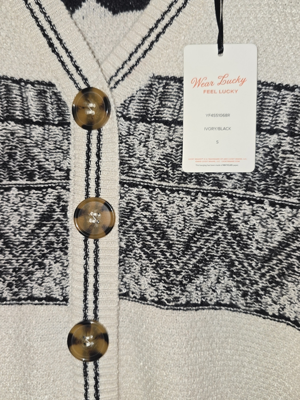 Lucky Brand Cream and Black Striped Geometric Long Sweater Dress / Cardigan - Picture 3 of 3